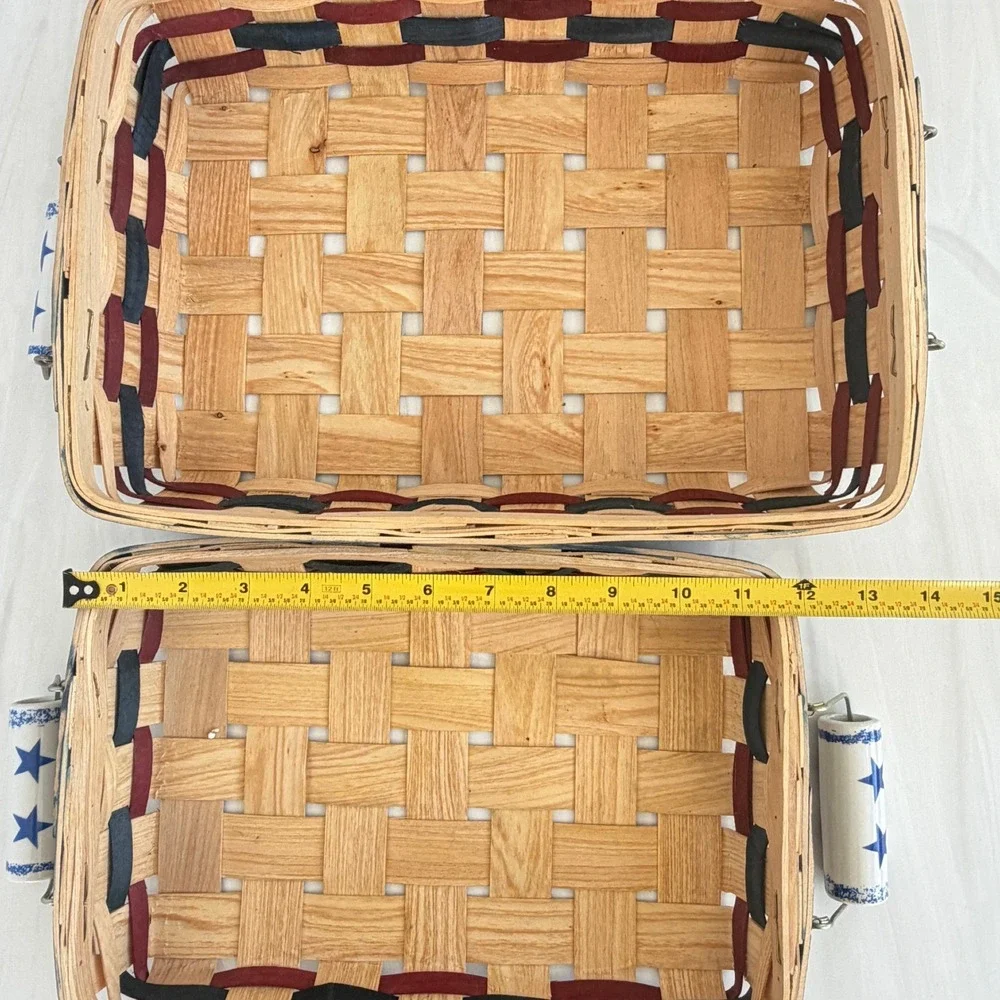 Set of 2 Patriotic Americana Woven Wood Baskets with Star Ceramic Handles